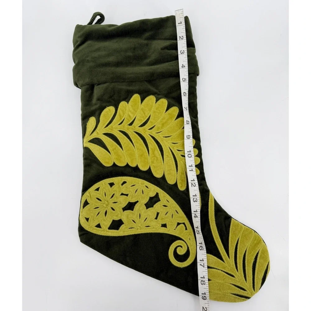 Pottery Barn Green Velvet Paisley Applique Embroidered Christmas Stocking 2008